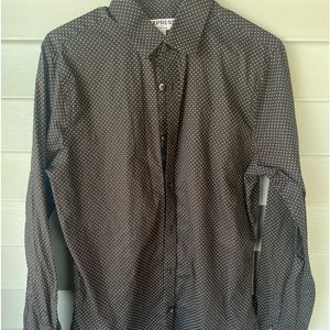 Express, Medium, long sleeve button up dress shirt, black with white dots